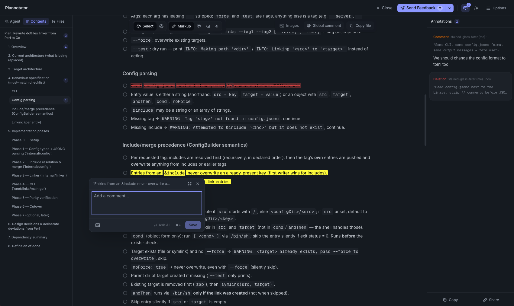 Annotating a plan in Plannotator